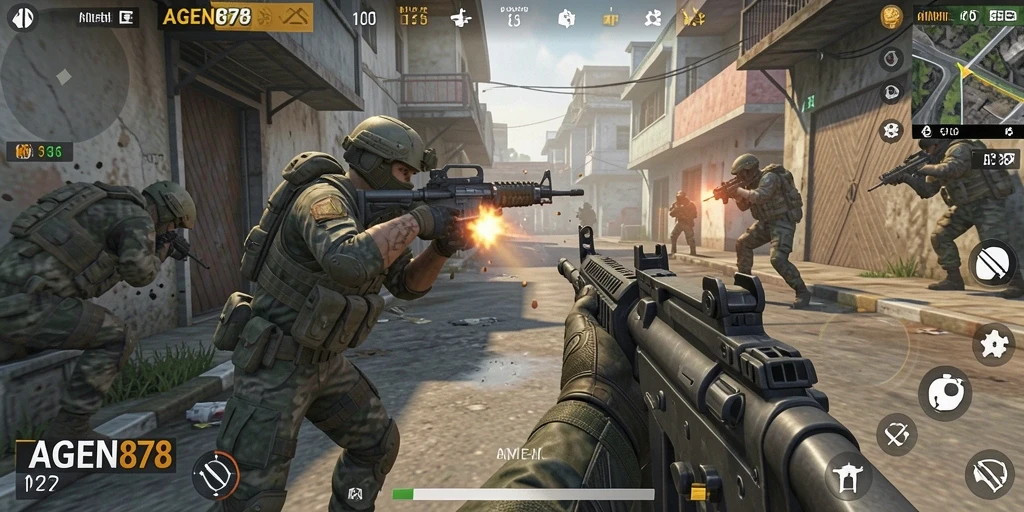 Gameplay seru dan mendebarkan dalam AGEN878 FPS.