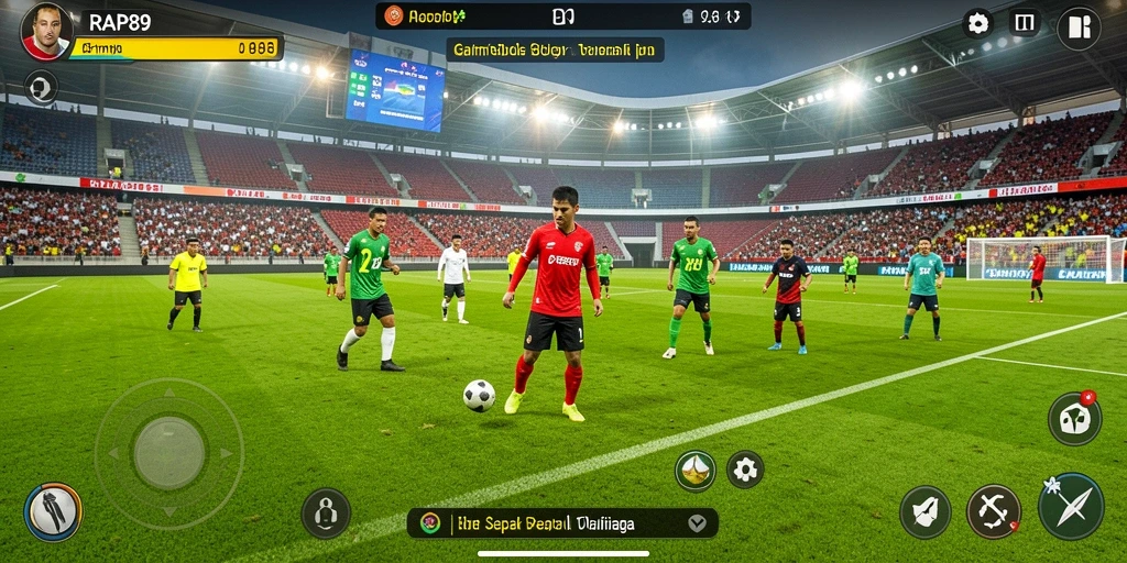 Screenshot gameplay menampilkan aksi seru di lapangan sepak bola.