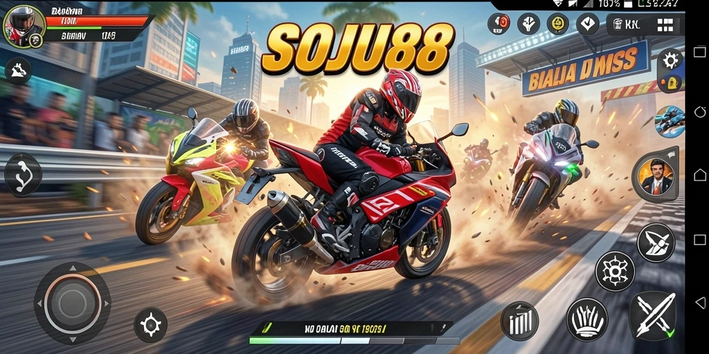 Screenshot gameplay SOJU88 menampilkan balapan motor yang mendebarkan.