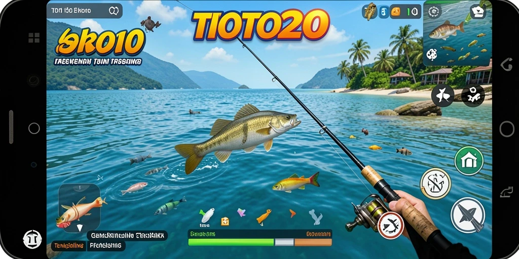 Screenshot gameplay TOTO20 menampilkan aksi memancing yang mendebarkan.